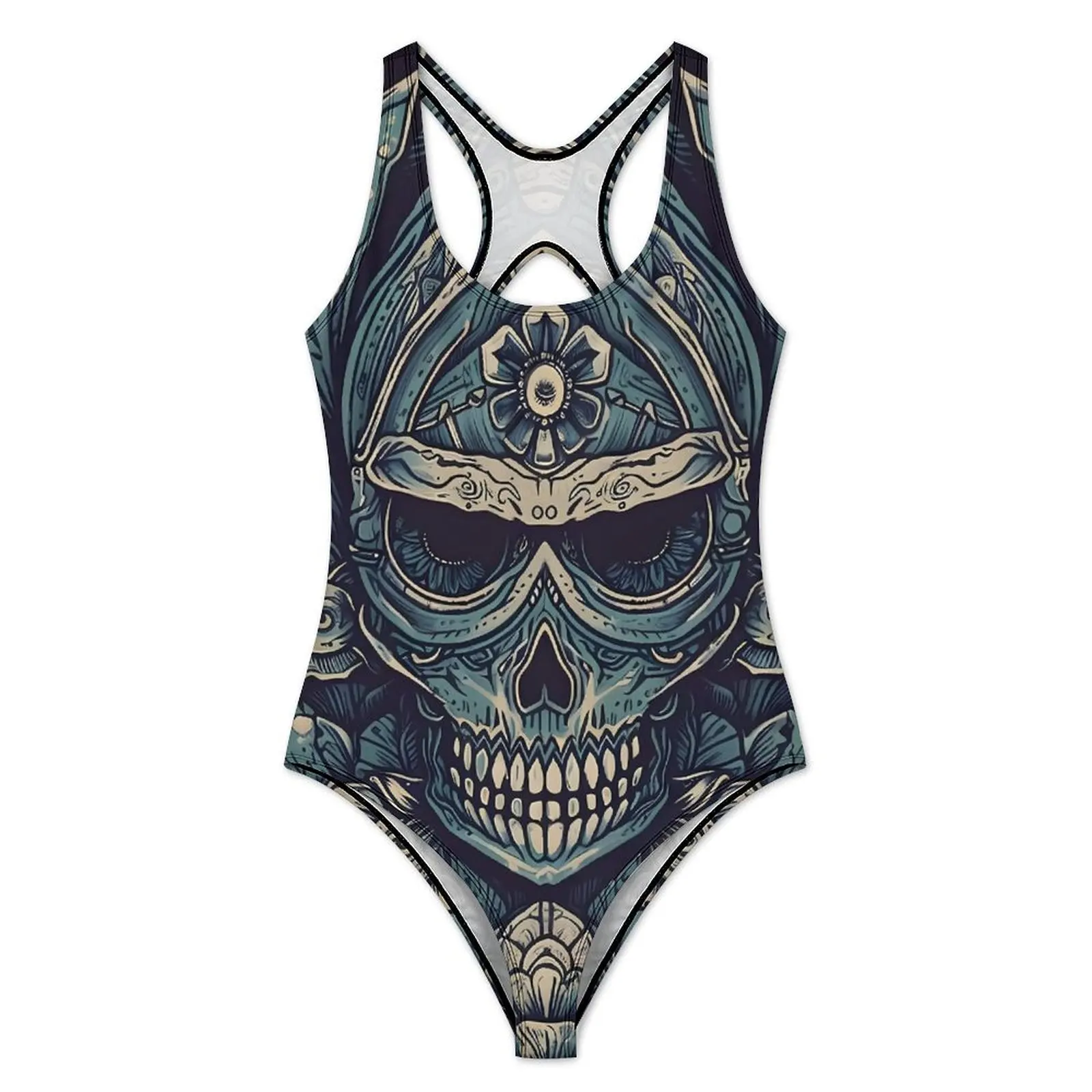 Gothic Print Swimsuit Blue Skull Swimwear One Piece Beach Graphic Swimsuits Sleeveless Monokini Lady Push Up Sexy Beach Outfits