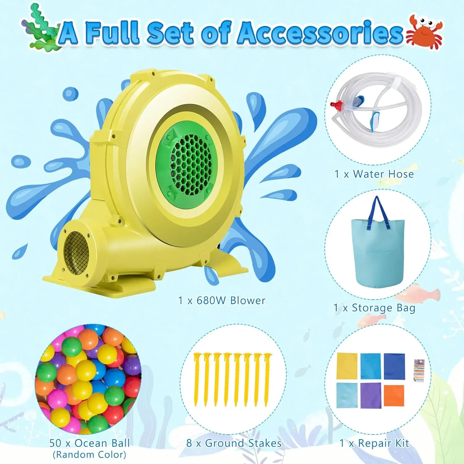 Nadmuchiwana zjeżdżalnia wodna z dmuchawą 735w, Park wodny z Bounce House o tematyce oceanicznej z basenem z piłkami i pluskiem, wewnętrzne dmuchane Cas na zewnątrz