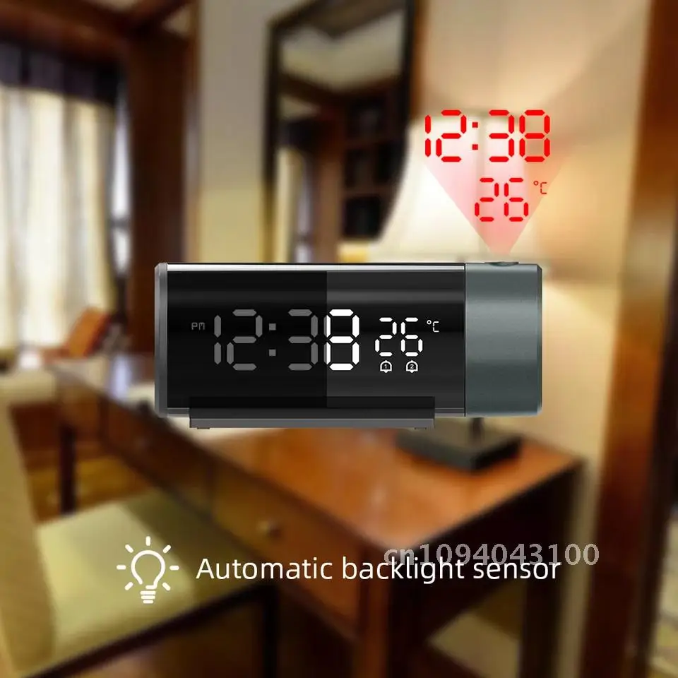 

LED Digital Alarm Clock 180° Rotation Electronic Table Clock Backlight Bedside Bedroom Projection Time Projector Watch Automatic