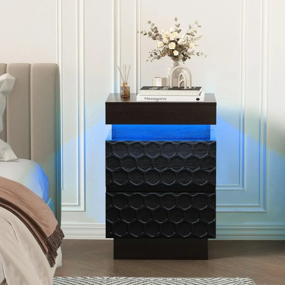 Black Led Nightstand with Charging Station, Night Stand with Drawers and Light, 26