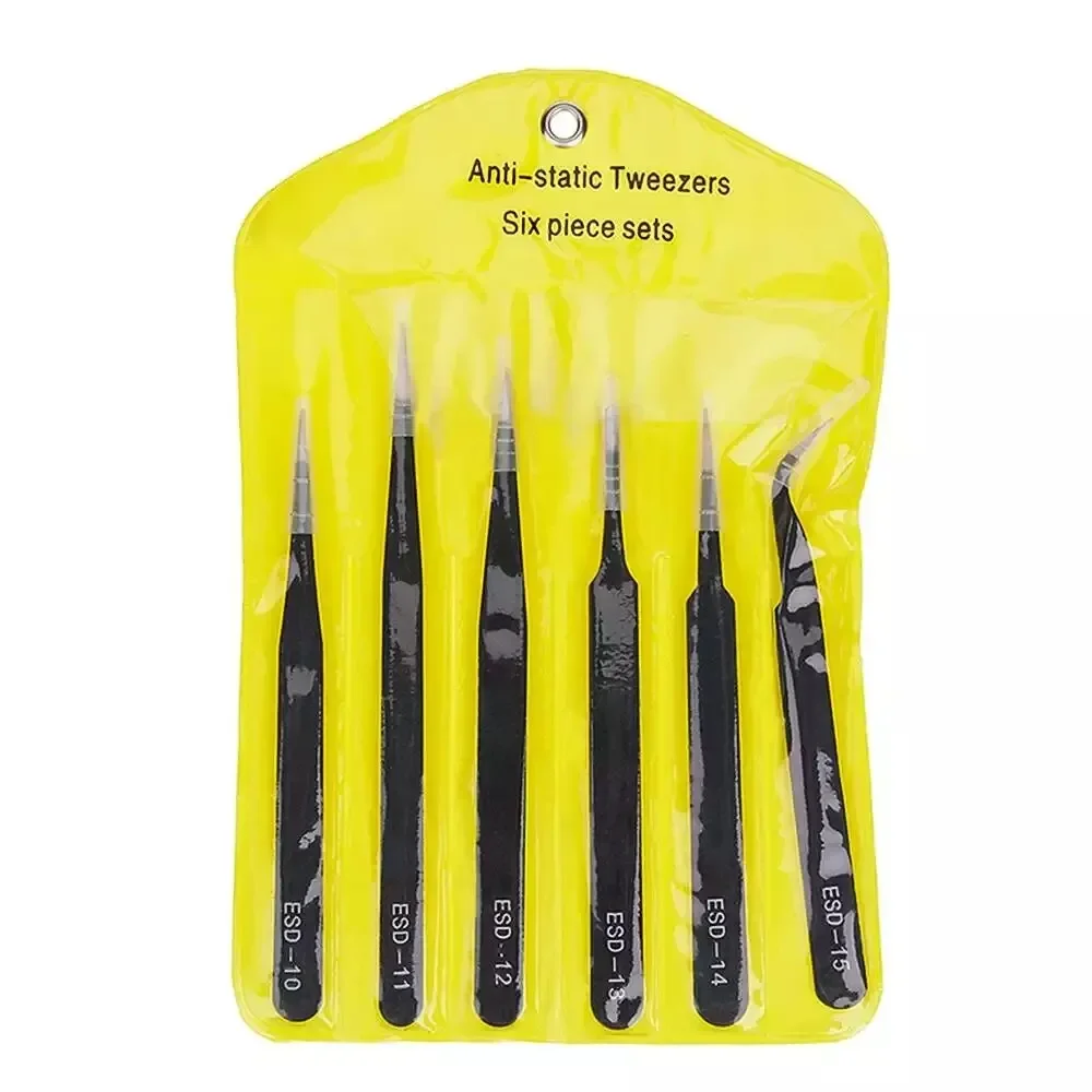 6Pcs Antistatic Stainless Steel Tweezers Precision Maintenance Industrial Repair Curved Tool Home Work Model Making Hand Tools