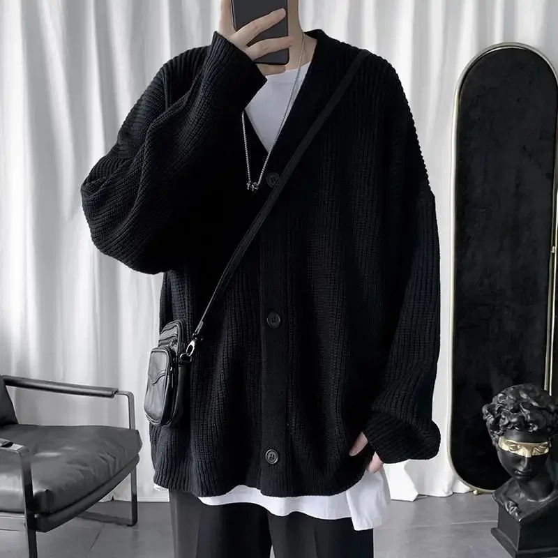 Man Clothes Black V Neck Cardigan Knitted Sweaters for Men Y2k Streetwear Spring Autumn Ugly Plus Size 90s Vintage Wool Fun Tops