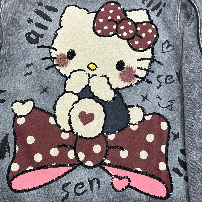 2025 الربيع والخريف الصناعة الثقيلة جديد الترتر طباعة الكرتون طاقم الرقبة البلوز للنساء فضفاض الحلو نمط هوديس #5