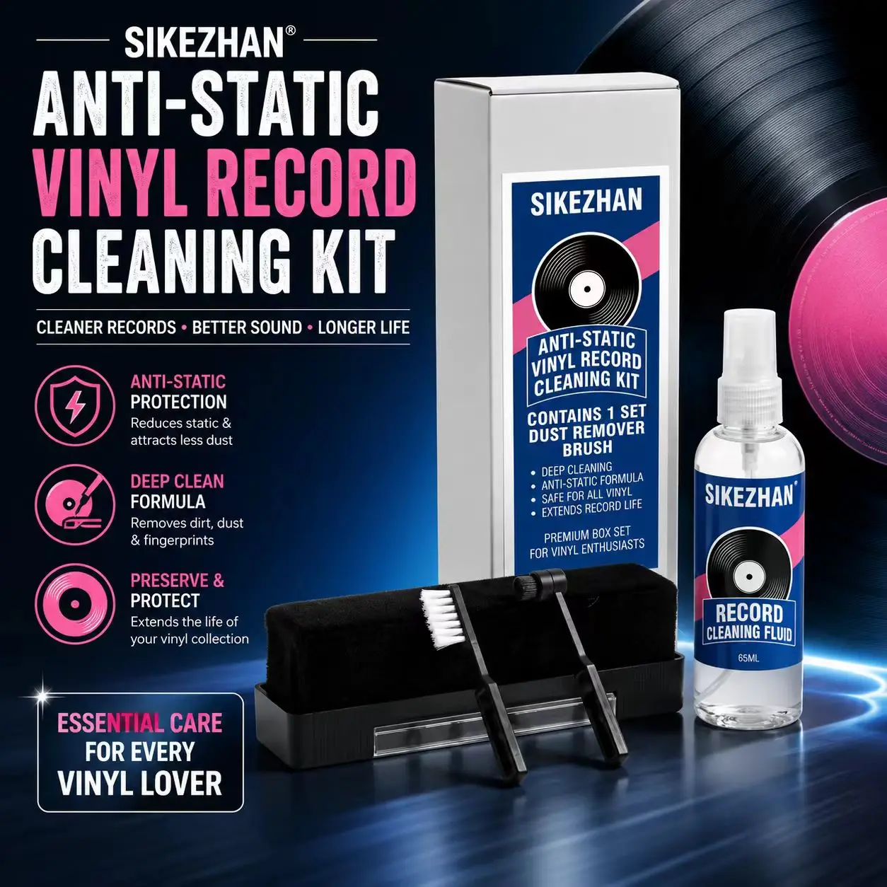 SIKEZHAN Anti-Static Vinyl Record Cleaning Kit - 65ml Spray & Velvet Dust Remover Brush Set for LP Record Care & Protection