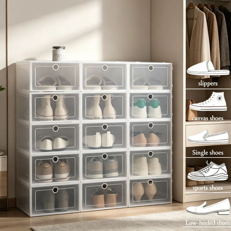 6 Pack Transparent Shoe Box, Thickened Foldable Dustproof Stackable Storage Organizer Shoe Cabinet