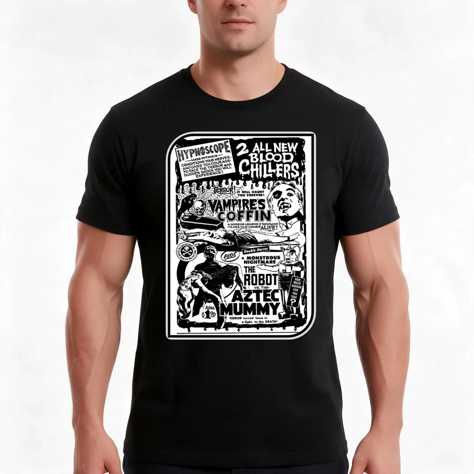 Vampires Coffin Robot vs the Aztec Mummy Double Feature T-Shirt, Summer Casual Cotton Tee, Oversized Streetwear Tops