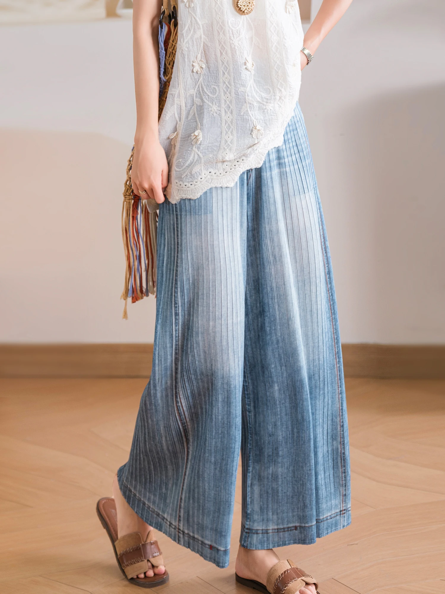 Washed Blue High Elasticity Wide Leg Pants with Elastic Waist And Fading by Xiaoaipin Casual Style Polyester Fiber Skirt