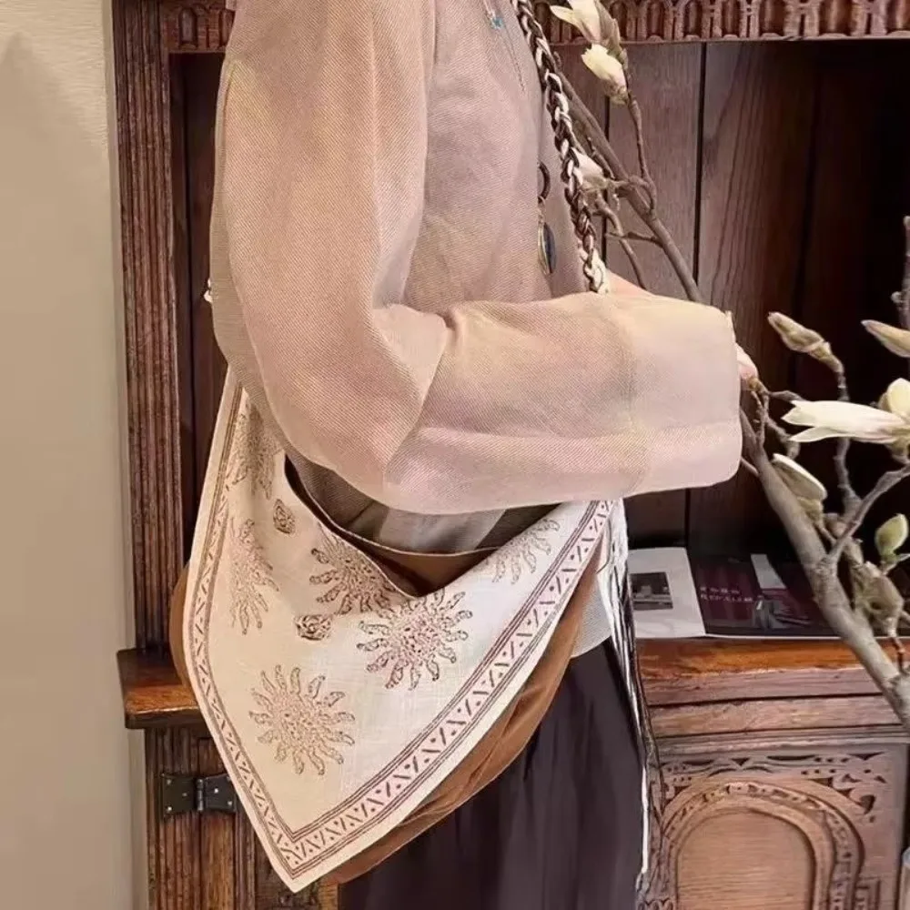 Retro Bohemian Triangle Shoulder Bag Ethnic Style Rope Retro Handbag Linen Print Tassel Detail Women Crossbody Bag Summer