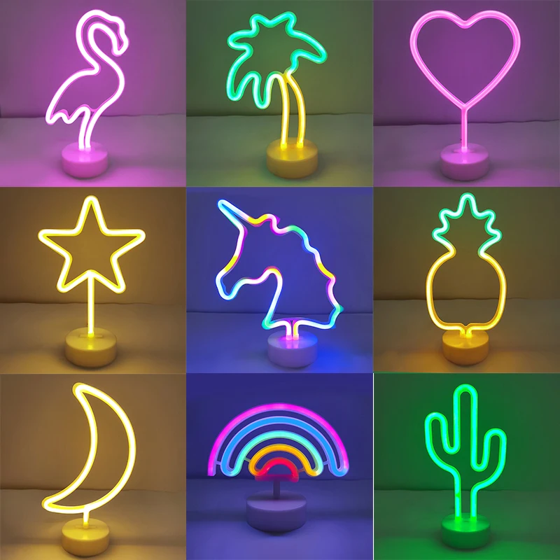 

LED Neon Night Light Luminous Flamingo Unicorn Pineapple Shaped Wall Neon Light Sign For Kids Room Home Bedroom Party Decoration