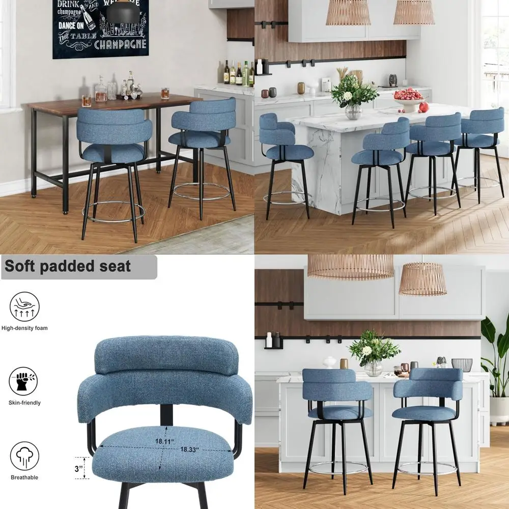 

Комплект из 2 барных стульев с льняными подушками и эргономичными спинками для кухонного острова (синие, 24 дюйма)