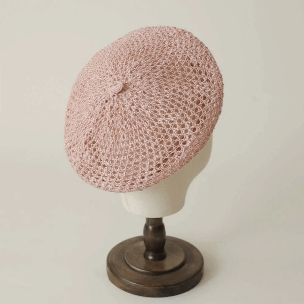 Elegant Solid Color Hollow Beret Hollow Knitted Breathable Painter Hat Thin Bright Thread Pumpkin Hat Spring Season