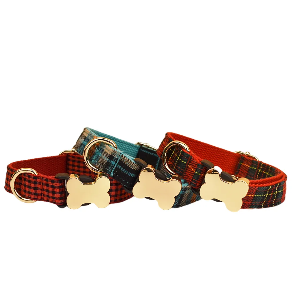 

Personalized Logo Plain Fabric Plaid Series Bone Buckle Dog Collar New Custom Names Engraved Pet Supplie Neck Ring