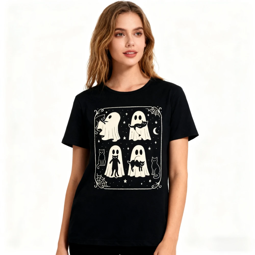 

Halloween Black Cat and Ghost Shirt Spooky Season Tee Halloween Cute Women Outfit Cat Lover Halloween Gift Tshirt Festival Tops