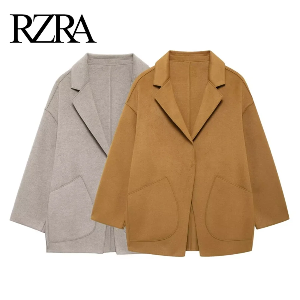 

RZRA original 2024 autumn and winter new style lapel long sleeve patch pocket double-sided woolen coat loose and versatile