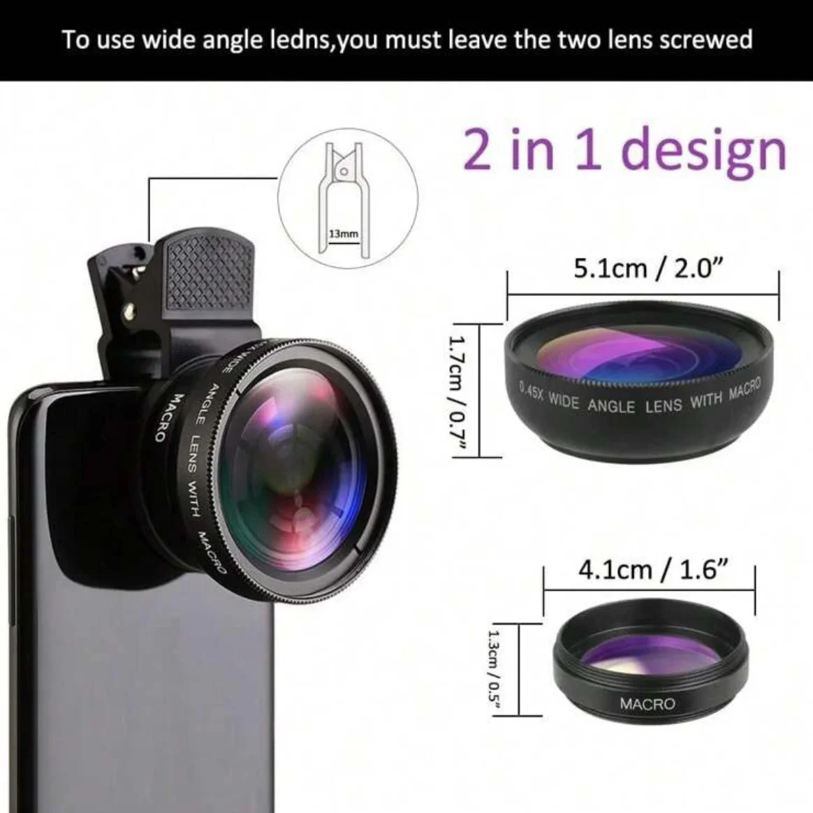 Mobile Phone Camera Lens 2 In 1 Clip-On Lens Kit 37mm 0.45X 49UV Super Wide Angle & Macro HD Lens