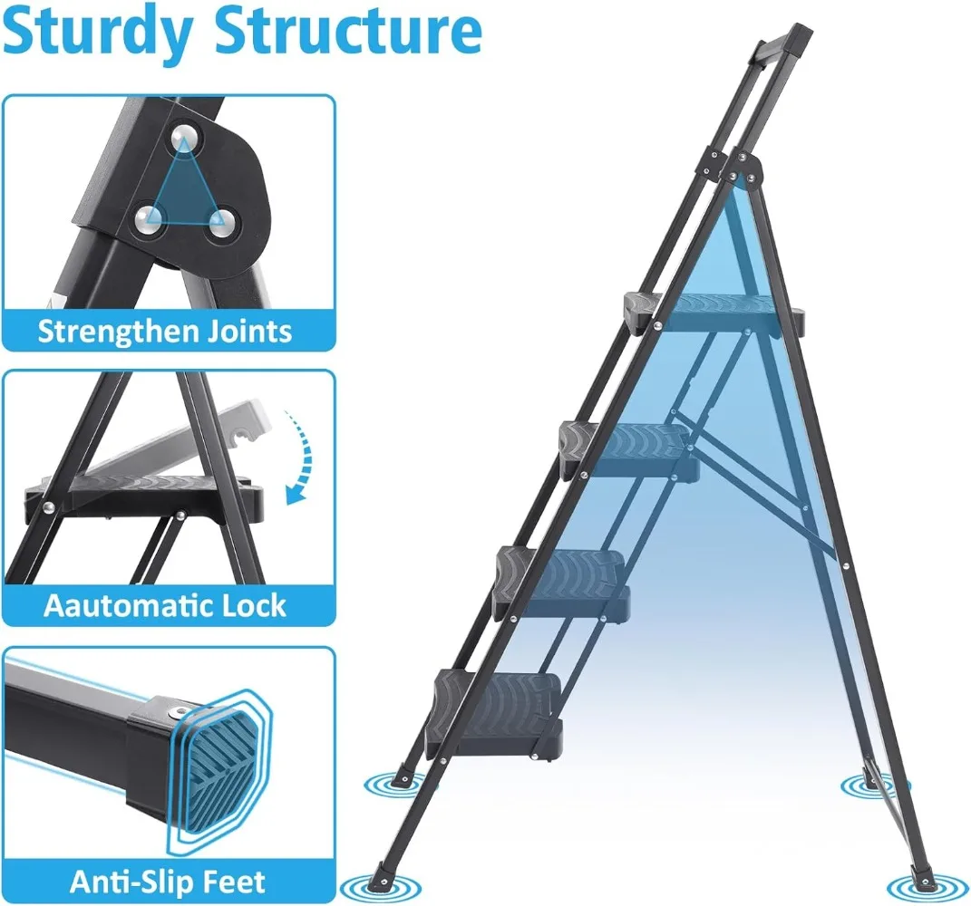 Escalera de 4 escalones de 900 libras con pedal ancho antideslizante y pasamanos, escalera doméstica liviana, prueba de paso de 900 libras, para su cocina