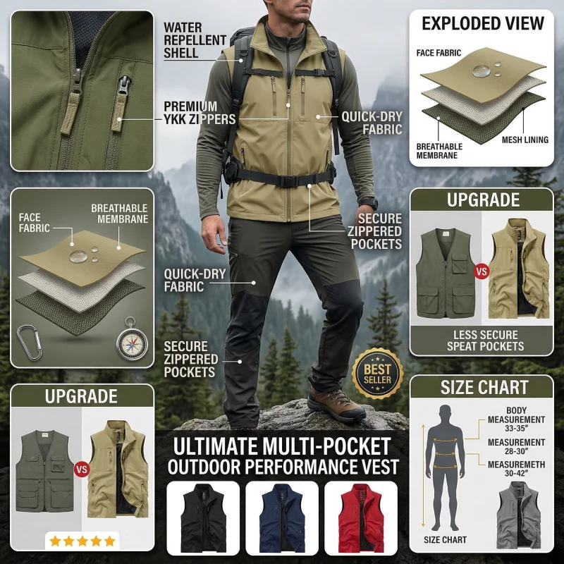 

Новый многофункциональный жилет-карго на весну-осень 2026 года с молнией и множеством карманов для фотографии, рыбалки и кемпинга