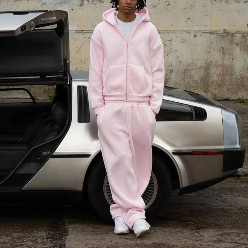 2025 New Men Clothing Tracksuit Hoodie Solid Color Warm Sweater Loose Oversized Sports Suit Pullover Pink Street Fashion