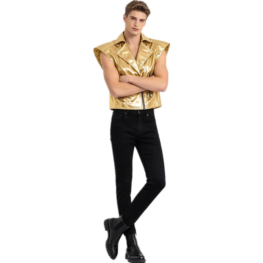 Men Metallic Shiny Motorcycle Style Club Jazz Punk Vest Streetwear Clubwear Lapel V Neck Front Zipper Crop Tank Top Waistcoat