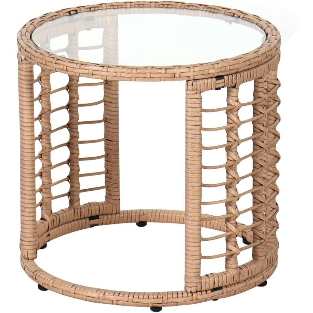 Outdoor Wicker Side Table, All-Weather Patio Rattan End Table with Glass Top, Round Coffee Table for Indoor Outdoor