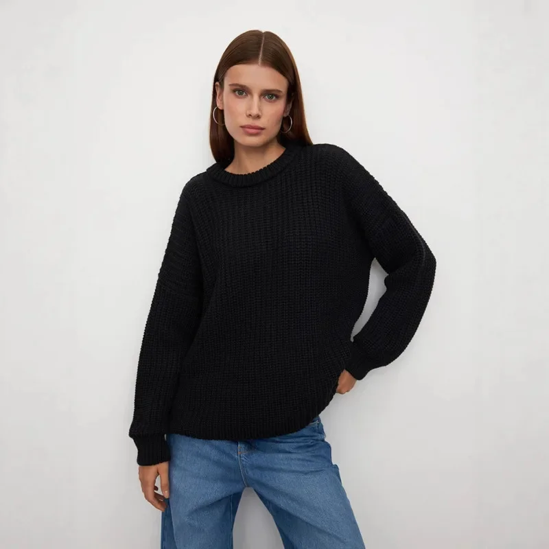 2025 Women Oversized Crew Neck Lantern Sleeve Waffle Knit Pullover Casual Loose Sweater Autumn Winter Fashion New Long Sleeve