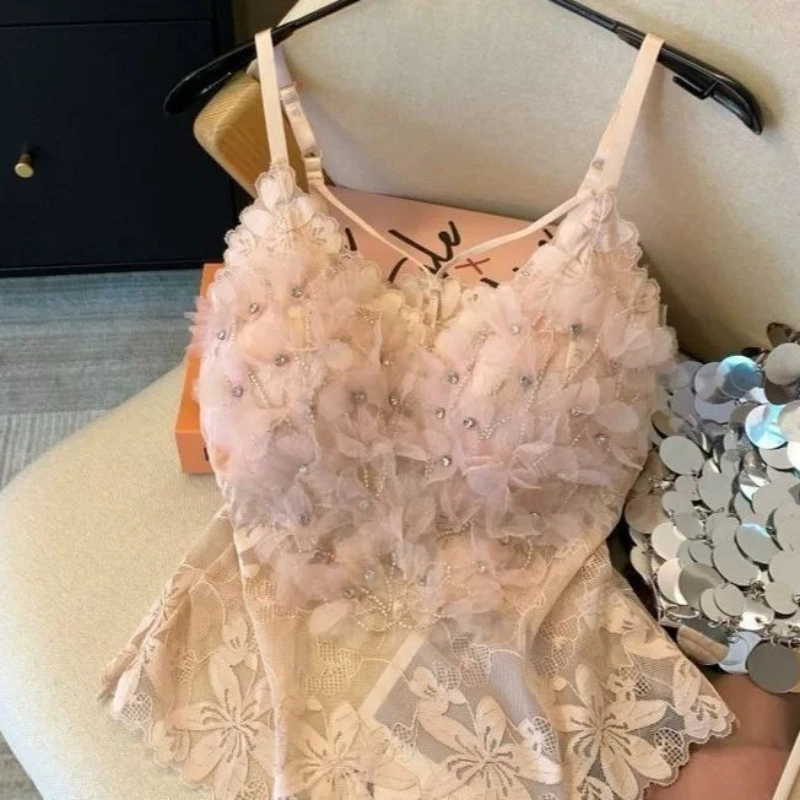 Y2k Sexy Tank Top Camisole Streetwear Cropped Top Women Floral Diamond Padded Camisole Sleeveless Tulle Overlay Top for Summer