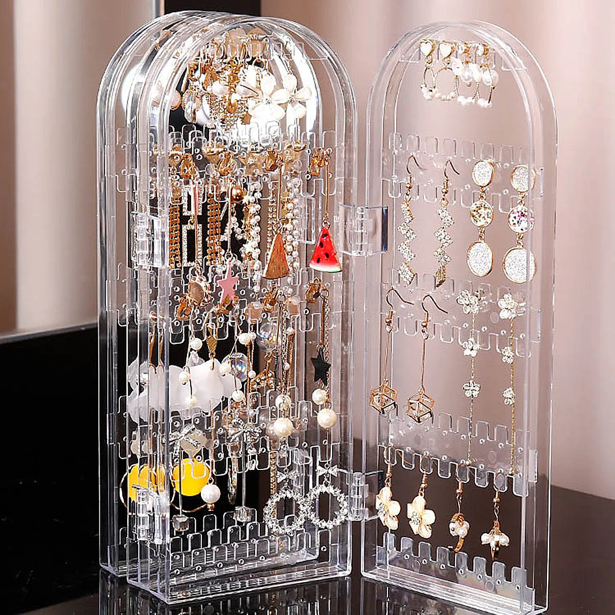 1pc Jewelry Rack 5-Tier Acrylic Earring Organizer With 2 Doors Foldable Stand For Rings Necklaces Storage Display Holder Jewelry