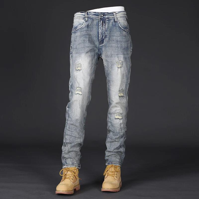 Fashion Designer Men Jeans High Quality Retro Washed Blue Stretch Slim Fit Ripped Jens Men Vintage Casual Denim Pants Hombre