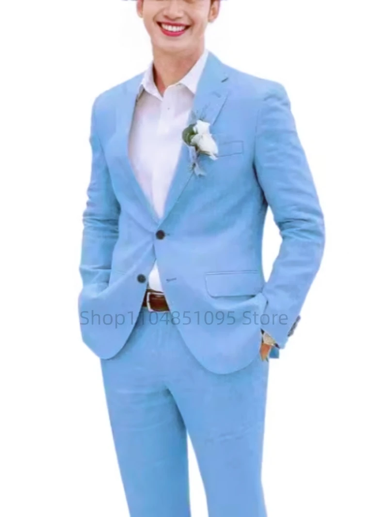

Light Blue/Beige Linen 2 Piece Beach Wedding Men Suit Casual Slim Fit Notch Lapel Blazer Pants High Quality Summer Costume Homme