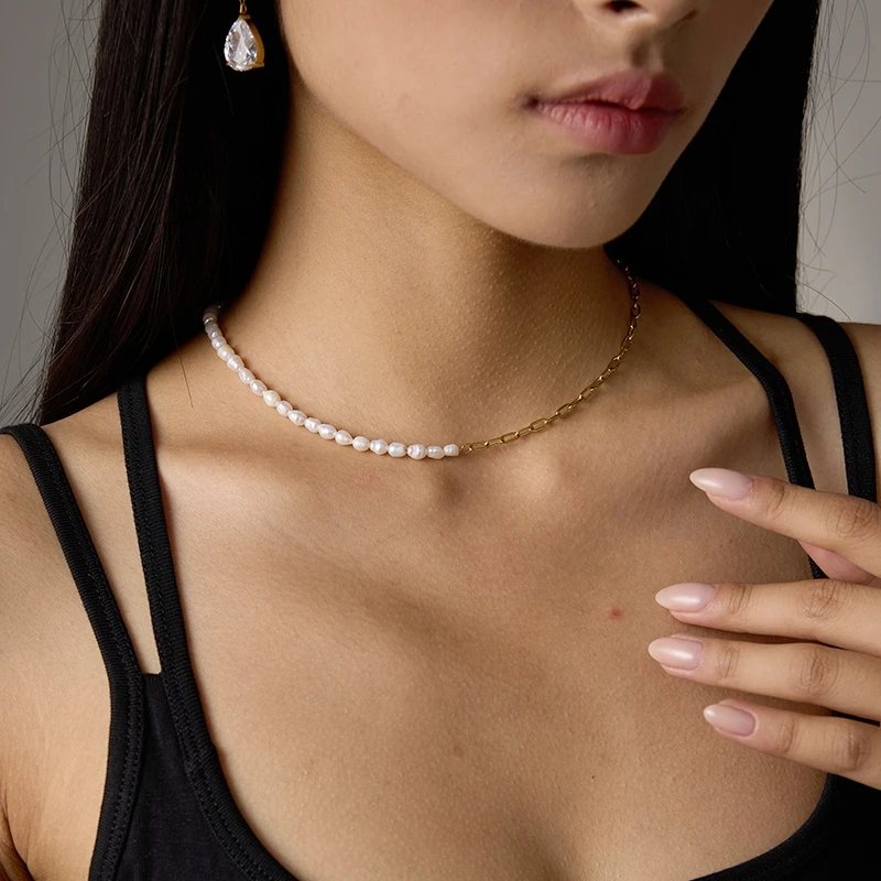 Stainless Steel Two Tone Chain Necklace For Women - Spliced Freshwater Pearl Paperclip Chain Fashion Daily Wear Jewelry