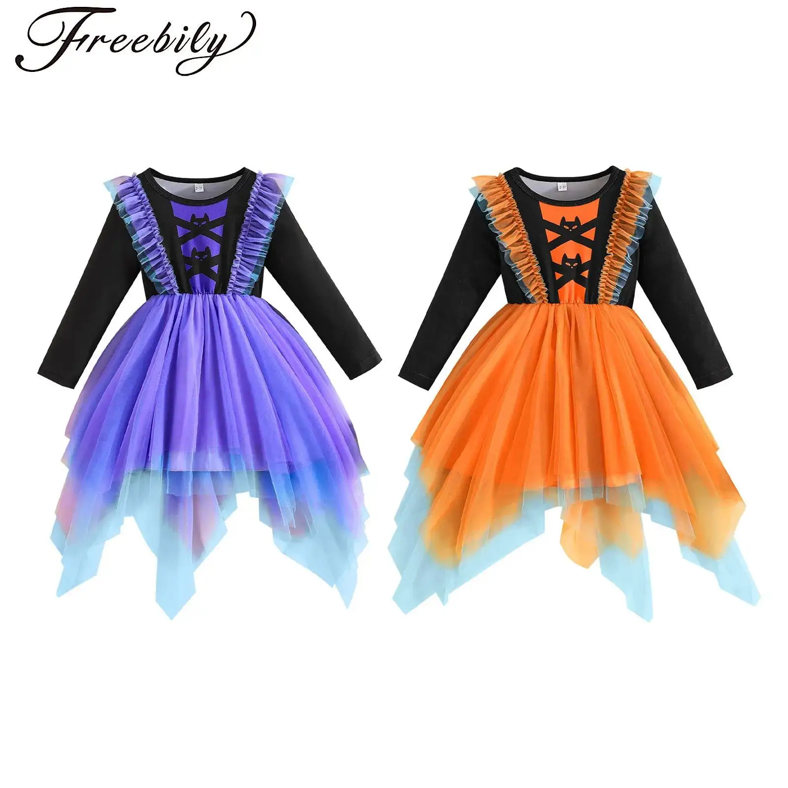 

Toddler Girls Witch Dress Halloween Cat Cosplay Dress Long Sleeve Mesh Irregular Puffy Dress Xmas Birthday Party Princess Gown