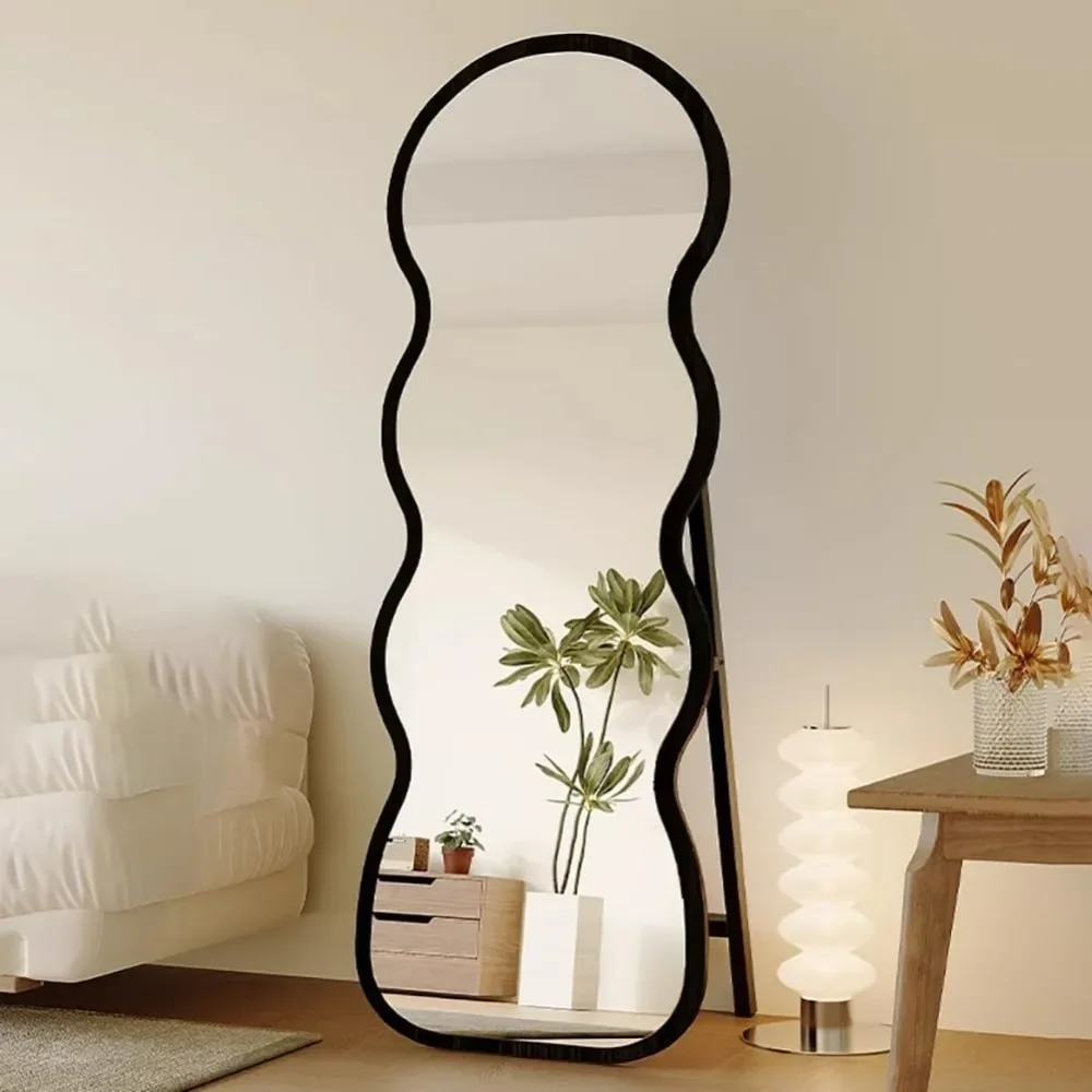 Irregular Wooden Frame Full Length Mirror, Freestanding Full Length Mirror, Wavy Full Length Dressing Mirror, Floor-Standing