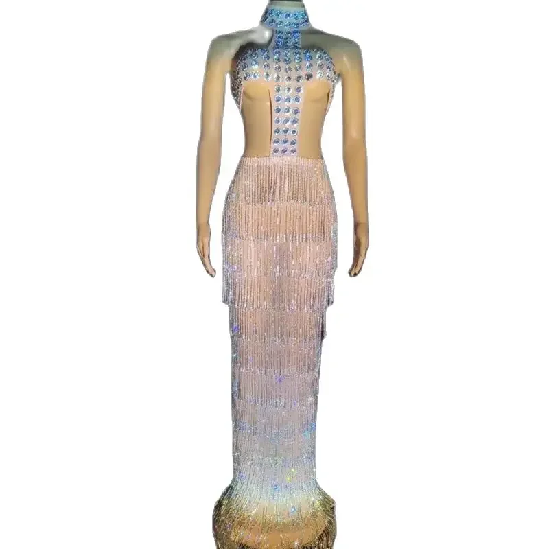 Robe à franges avec strass clignotants, tenue de soirée Sexy découpée pour femmes, Costume de célébration d'anniversaire, tenue de Festival sur scène XS7022