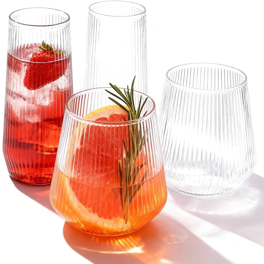 Ribbed Origami Ripple Plastic Glasses Set Stemless Champagne Flutes Shatterproof Clear Drinkware for Weddings, Parties & Events