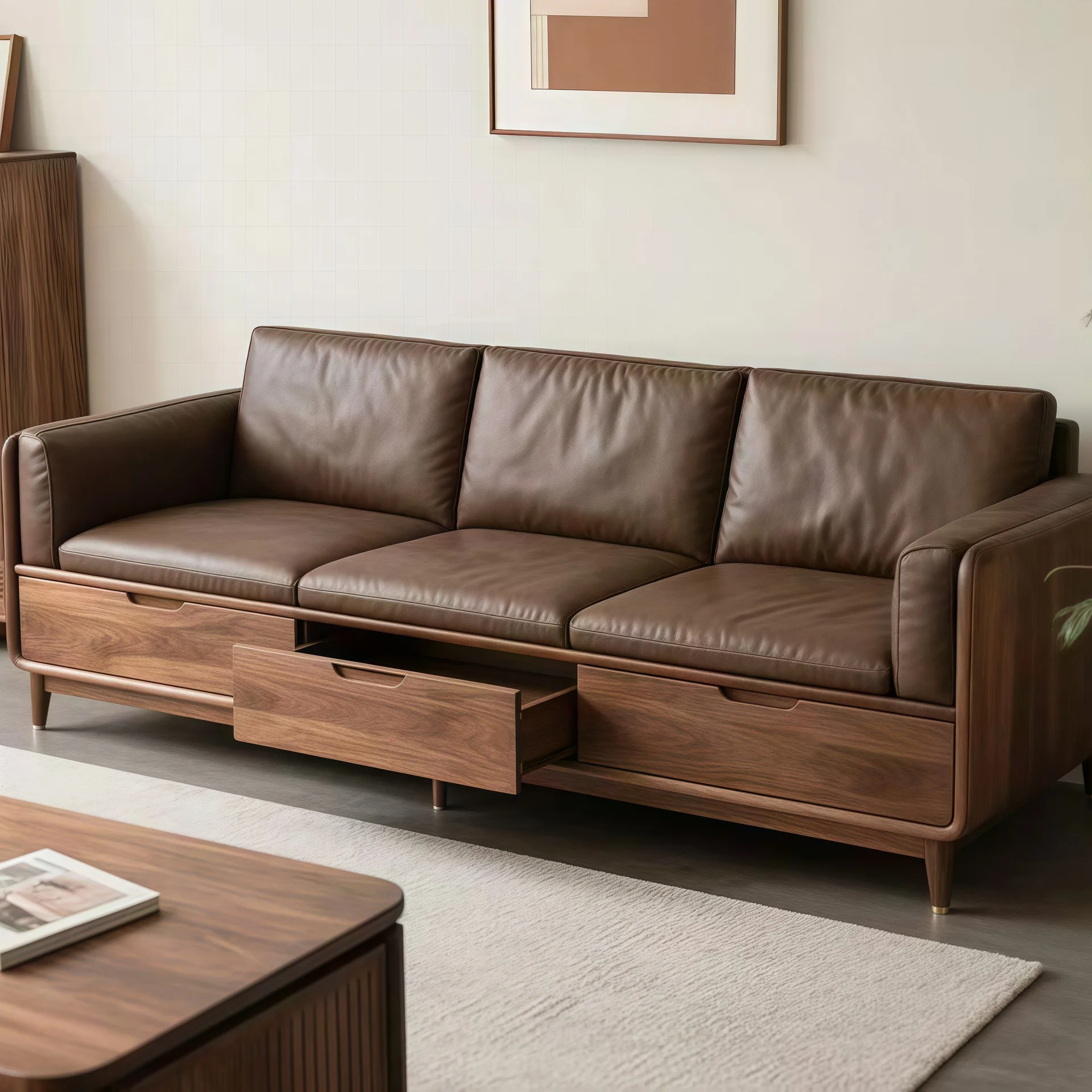 #Minimalist Modern Chinese-Style Solid Wood Sofa Set Black Walnut Wood Straight-Row Leather Sofa for Living Room