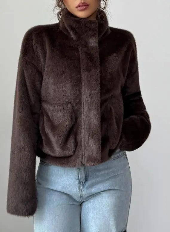 秋冬新作 無地 ハイネック プラッシュ スプライシング 暖かい ショートジャケット レディース カジュアル 大きめポケット付き プラッシュコート