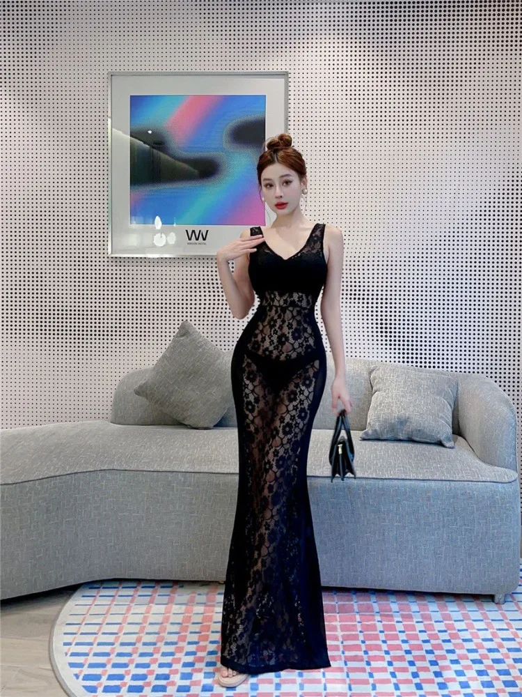 Korejepo Night Show Sexy Lace Perspective Hollowed Out Workwear Hip Dress KTV Beauty Lady Sauna Long Dress Evening Vestido