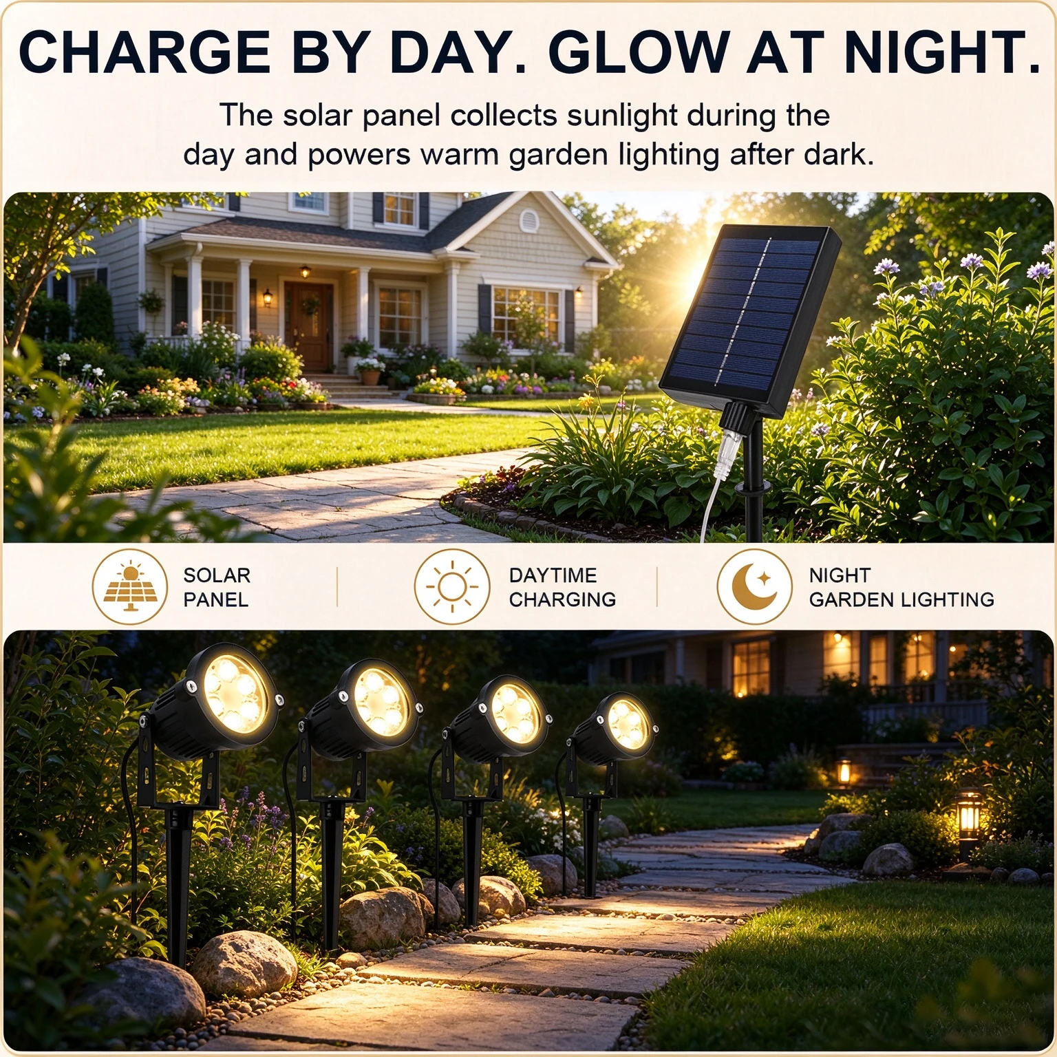 Outdoor solar spotlights, four solar spotlights, warm white light, waterproof, 8 brightness modes, solar outdoor lighting from sunset to dawn, suitable for gardens, courtyards, paths, terraces, lawns, Christmas and Halloween decoration lighting