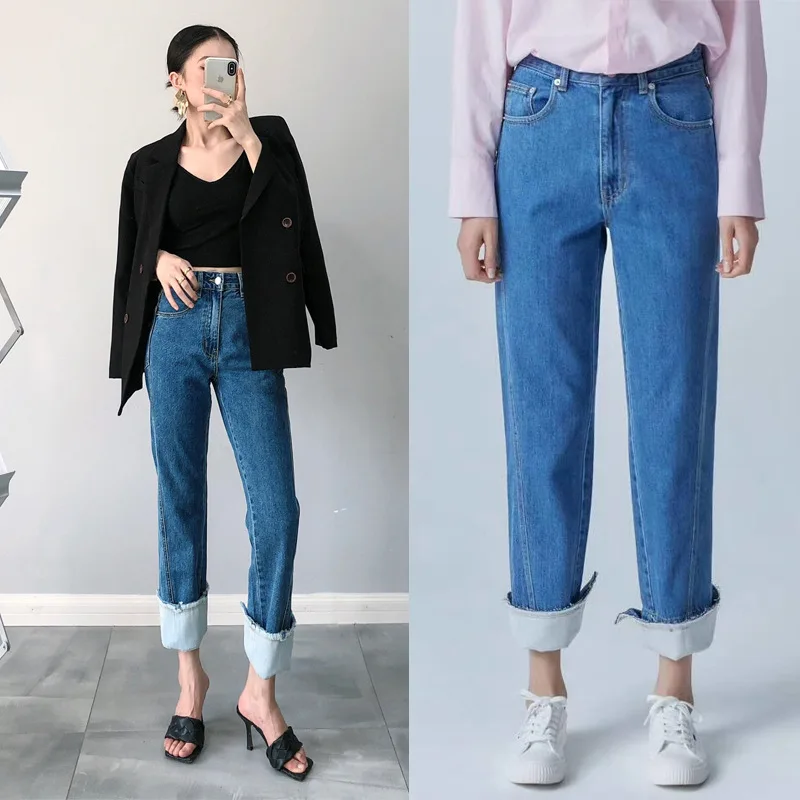 

Jeans For Women 2024 Spring/Summer Blue Denim High-Waisted Straight-Leg Cuffed Casual Classic Style