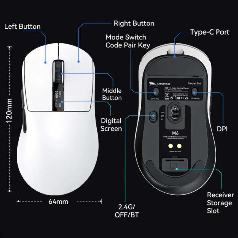 SMAILWOLF M6 Bezprzewodowa mysz do gier Mysz Bluetooth PAW3311 Trójtrybowe połączenie Mysz e-sportowa z magnetyczną stacją ładującą RGB