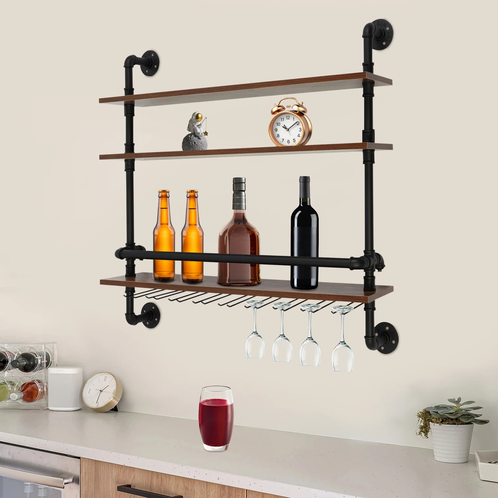 

3-уровневая настенная винная полка, настенный держатель для бутылок и стекла, деревянно-металлическая винная полка в стиле ретро, витрина для хранения вина