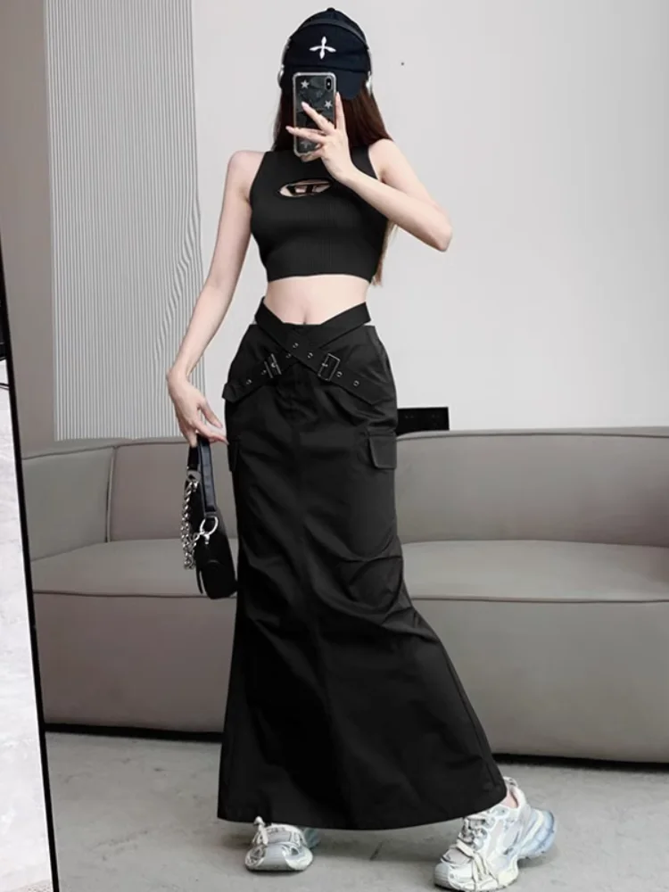 High Quality Cross Belt Cargo Skirt Woman 2024 Fashion Split Long Skirt Y2k Streetwear Solid Color Goth Skirt Women Clothing