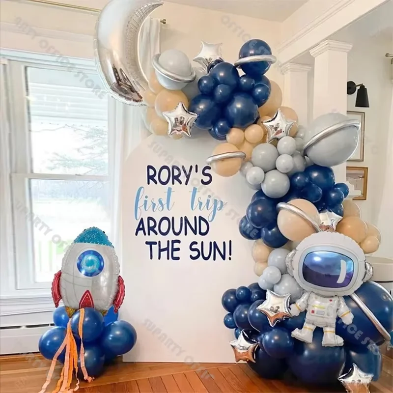 136pcs Galaxy Themed Party Balloon Garland Arch Kit Galaxy Birthday Boys Baby Shower Rocket Ship Space Astronaut Balloons Decor