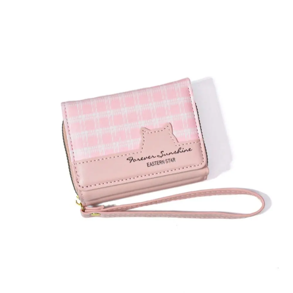 Waterproof Cute Cat Wallet Large Capacity Multiple Card Slots Plaid Coin Pouch Sewn Korean Style Hanging Wrist Bag Shopping