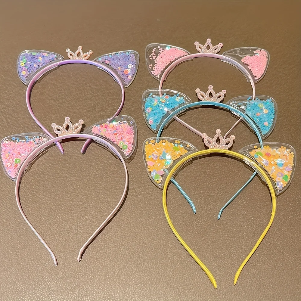 k-style of cute transparent cat ears headband quicksand crown headband kidsren\'s baby princess hair accessories