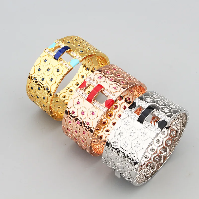 Designer Collection Fashion Style Bracelet Women Lady Inlaid Red Blue Cubic Zircon Enamel Wide Bangle