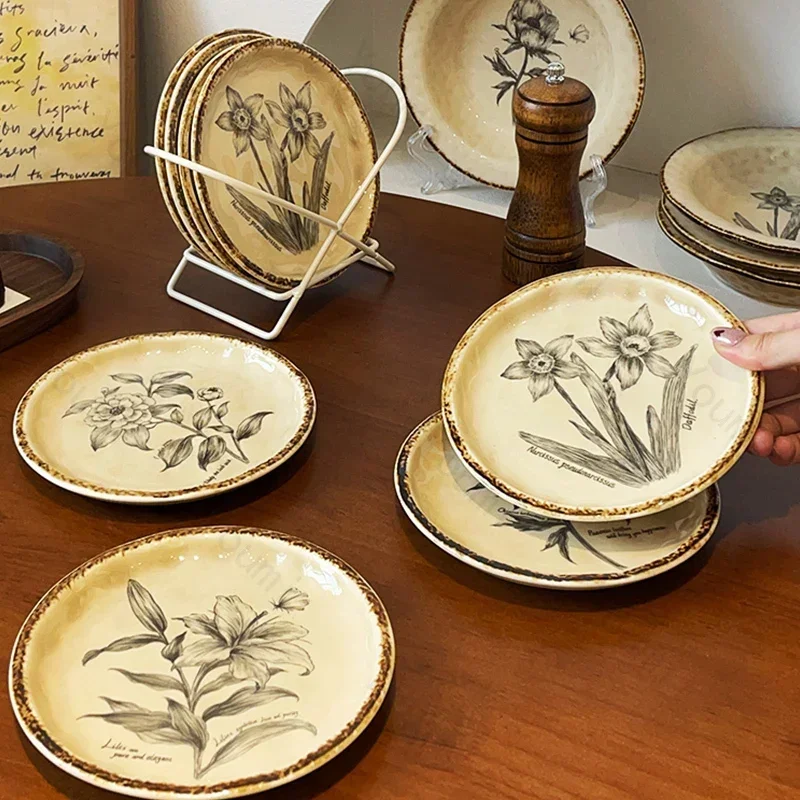 Light Luxury Retro Ceramic Plates Afternoon Tea Dessert Fruits  Plate Delicious Dishes Soup Plate Exquisite Household Tableware