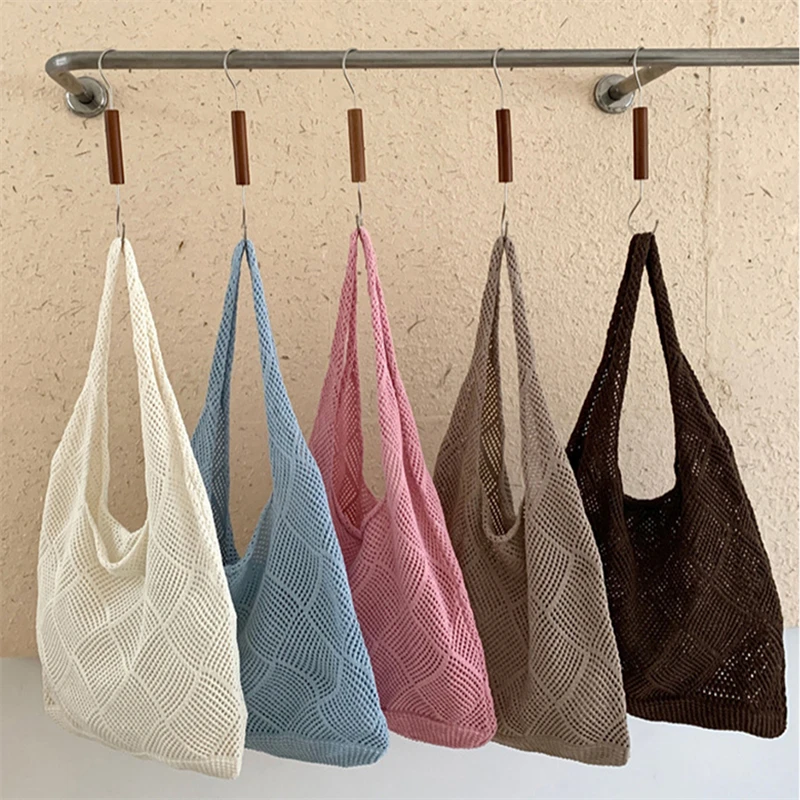 New Fashion Large Capacity Knitted Handheld Bag Knitted Shoulder Shopping Bag For Women Travel Crochet Bags image 6