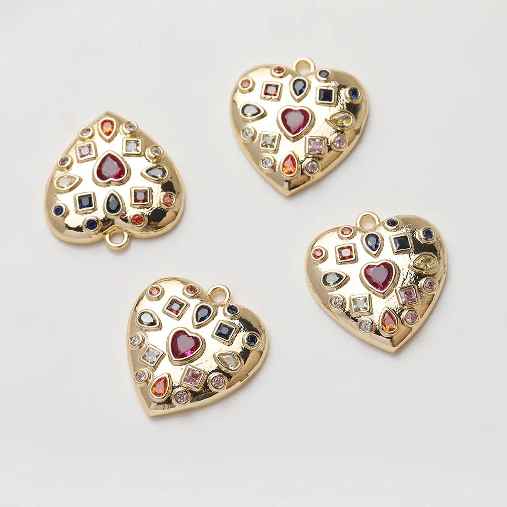 2PCS 14K Gold Plated Colorful Zircon Heart Pendant Brass Jewelry DIY Making Supplies Material Accessories