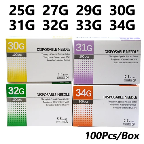 100 Uds 25G 30G 32G 33G 34 aguja sin dolor 4/6/13mm belleza perforación ultrafina jeringa transparente pegamento de inyección tapa de punta transparente